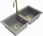 Granitinė virtuvinė plautuvė Mexen Mario su mai&scaron;ytuvu ir sifonu, Grey+Gold