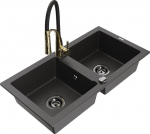 Granitinė virtuvinė plautuvė Mexen Mario su mai&scaron;ytuvu ir sifonu, Black granite+Black/Gold