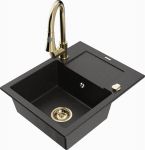 Granitinė virtuvinė plautuvė Mexen Enzo su mai&scaron;ytuvu ir sifonu, Metallic black/silver+Gold
