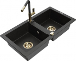 Granitinė virtuvinė plautuvė Mexen Mario su mai&scaron;ytuvu ir sifonu, Metallic black/silver+Black/Gold