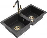 Granitinė virtuvinė plautuvė Mexen Mario su mai&scaron;ytuvu ir sifonu, Black granite+Black/Gold