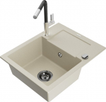 Granitinė virtuvinė plautuvė Mexen Enzo su mai&scaron;ytuvu ir sifonu, Beige+Black/Chrome