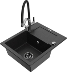 Granitinė virtuvinė plautuvė Mexen Enzo su mai&scaron;ytuvu ir sifonu, Metallic black/silver+Black/Chrome