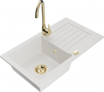 Granitinė virtuvinė plautuvė Mexen Pablo su mai&scaron;ytuvu ir sifonu, White+Gold
