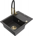 Granitinė virtuvinė plautuvė Mexen Enzo su mai&scaron;ytuvu ir sifonu, Black granite+Black/Gold
