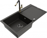 Granitinė virtuvinė plautuvė Mexen Leo su mai&scaron;ytuvu ir sifonu, Metallic black/gold+Black/Gold