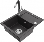 Granitinė virtuvinė plautuvė Mexen Enzo su mai&scaron;ytuvu ir sifonu, Black granite+Black/Chrome