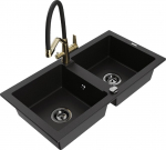 Granitinė virtuvinė plautuvė Mexen Mario su mai&scaron;ytuvu ir sifonu, Black+Black/Gold