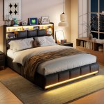Dvigulė lova 140x190 cm, LED/USB ir hidraulinė spintelė, miegamajam, juoda, PU