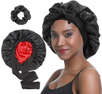 Dvipusė satino kepurė plaukams su gumyte, kompl. (bonnet), juoda / raudona