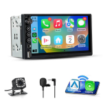 junsun 7 colių 2din automobilinis radijas universalus automobiliams palaiko belaidį carplay ir android auto - ips ekranas (1024x600) + atbulinės eigos kamera + valdymo mygtukai + montavimo rinkinys + mikrofonas + usb + fm radijas