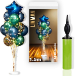 Balionų stovas LIVMAN LX-01 su 13 balionų, 2 LED &scaron;vieselių girliandomis ir komplekte esančiu balionų pripūtimo pompa, 1,5m