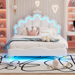 Vaikų Dvivietė Lova 140x200 Cm Su LED Ap&scaron;vietimu, Reguliuojamo Auk&scaron;čio Karūnos Formos Galvūgalis, Mergaičių Miegamajui, Balta PU Oda