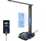 LED stalinė lempa su belaidžiu įkrovikliu, USB įkrovimo prievadu, laikrodžiu, žadintuvu, data, temperatūros rodymu