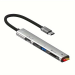 5-in-1 USB-C Adapteris su Dvigubu SD/TF Kortelių Skaitytuvu ,  Silver Type-c sąsaja (skaityti 2TC+TF+SD+USB)