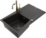 Granitinė virtuvinė plautuvė Mexen Cesar su mai&scaron;ytuvu ir sifonu, Metallic black/Gold