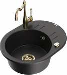 Granitinė virtuvinė plautuvė Mexen Kevin su mai&scaron;ytuvu ir sifonu, Metallic black/silver/Gold