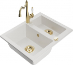 Granitinė virtuvinė plautuvė Mexen Carlos su mai&scaron;ytuvu ir sifonu, White/Gold