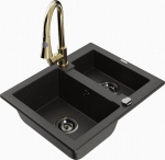 Granitinė virtuvinė plautuvė Mexen Carlos su mai&scaron;ytuvu ir sifonu, Metallic black/gold+Gold