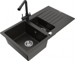 Granitinė virtuvinė plautuvė Mexen Matias su mai&scaron;ytuvu ir sifonu, Metallic black/gold/black