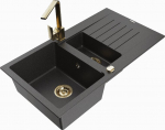 Granitinė virtuvinė plautuvė Mexen Matias su mai&scaron;ytuvu ir sifonu, Black granite/Gold