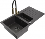 Granitinė virtuvinė plautuvė Mexen Matias su mai&scaron;ytuvu ir sifonu, Black granite/Black/Gold