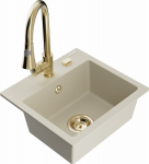 Granitinė virtuvinė plautuvė Mexen Milo su mai&scaron;ytuvu ir sifonu, Beige/Gold