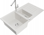 Granitinė virtuvinė plautuvė Mexen Matias su mai&scaron;ytuvu ir sifonu, White/Chrome