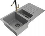 Granitinė virtuvinė plautuvė Mexen Matias su mai&scaron;ytuvu ir sifonu, Grey/Black/Gold