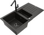 Granitinė virtuvinė plautuvė Mexen Matias su mai&scaron;ytuvu ir sifonu, Metallic black/gold/black