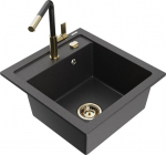 Granitinė virtuvinė plautuvė Mexen Vito su mai&scaron;ytuvu ir sifonu, Black granite/Black granite/Gold