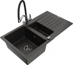 Granitinė virtuvinė plautuvė Mexen Matias su mai&scaron;ytuvu ir sifonu, Metallic black/Gold/Black/Chrome