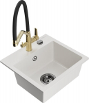 Granitinė virtuvinė plautuvė Mexen Milo su mai&scaron;ytuvu ir sifonu, White/Black/Gold
