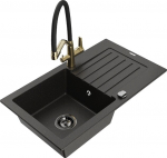 Granitinė virtuvinė plautuvė Mexen Pablo su mai&scaron;ytuvu ir sifonu, Metallic black/Black/Gold