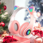 Telefonas Belaidės ausinės su LED ap&scaron;vietimu, su katės ausimis, Must