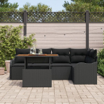 6 dalių Sodo Sofa Rinkinys su Pagalvėlėmis Juodas Poli Ratanas Akacija,2 vietų Sodo Sofa su Pagalvėlėmis Juodas Poli Ratanas