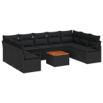 10 dalių sodo sofa rinkinys su pagalvėmis juodas poliratanas akacija,2-vietė sodo sofa su saugykla ir pagalvėmis juodas poliratanas