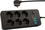 Prailginimo laidas su 6 lizdais, 3 Usb, Usb-c, 3m, juodas
