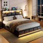 Lova 140&times;190 cm, su LED ap&scaron;vietimu ir USB sąsaja, hidrauliniu pakėlimo mechanizmu, galvūgaliu su daiktadėže, juoda, PU