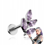 Titaninis labret auskaras su violetiniais lapeliais ir cirkoniais, 1.2/8 mm