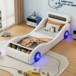 Vaiki&scaron;ka automobilio formos lova 90x200 su LED ir daiktadėže balta