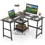 L formos kampinis stalas su lizdais ir USB 120x120 cm juodas spalvos, L formos kampinis stalas su lizdais ir USB 120x120 cm juodas spalvos