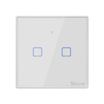 I&scaron;manusis liečiamas sieninis jungiklis Sonoff T2EU2C-TX, 2 kanalų, 600W/kanalui, 230VAC, valdomas liečiamu mygtuku, programėle, Wi-Fi, galimybė valdyti balsu ir Sonoff pulteliu (į komplektaciją neįeina)
