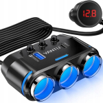 Automobilinis telefono įkroviklis su skirstytuvu ir voltmetru 12/24V