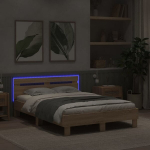 dvivietė lova，suaugusiųjų lova，Lovos rėmas su galvūgaliu ir LED, sonoma ąžuolo, 135x190cm CFE7618238