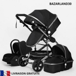 BAZARLAND30. 3-in-1 kūdikio vežimėlis su kombinuotu automobiliu ir lop&scaron;iu, reversibilus, reguliuojamas, auk&scaron;tos kokybės, nepraeinamos ratų. Juoda.
