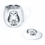 Baltas porcelianinis puodelis su plikikliu ir dangteliu, pelėda, gyvūnų motyvas