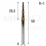 Spiralinė kūginė sferinė freza 3d Cnc Hrc55 4*r1.0*20.5*50 2.8&deg; Vhm (huhao)