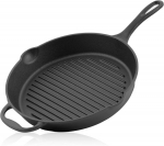 Bbq-toro keptuvė i&scaron; ketaus, skersmuo 34 cm, ketaus keptuvė-grilis su rankena, rankena ir dviem snapeliais, briaunota, ketaus keptuvė-grilis, bbq keptuvė, orkaitės keptuvė, ketaus keptuvė