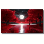 5D &bdquo;Pasidaryk pats&ldquo; deimantinės mozaikos rinkinys &ndash; pilnas gręžimas, akrilo apvalus deimantai, kra&scaron;tovaizdis su raudonais medžiais ir mėnuliu vir&scaron; vandens, be rėmelio 40 x 80 cm.